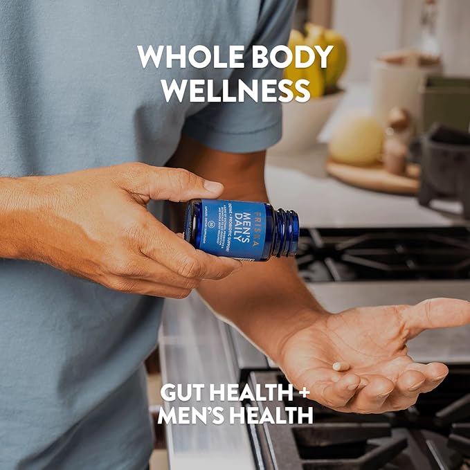 Friska Men’s Daily Gut Support - Digestive Enzymes, Probiotics to Help Break Down Foods, Supports Energy & Nutrient Absorption with Vitamins B6 & B12, 30 Capsules