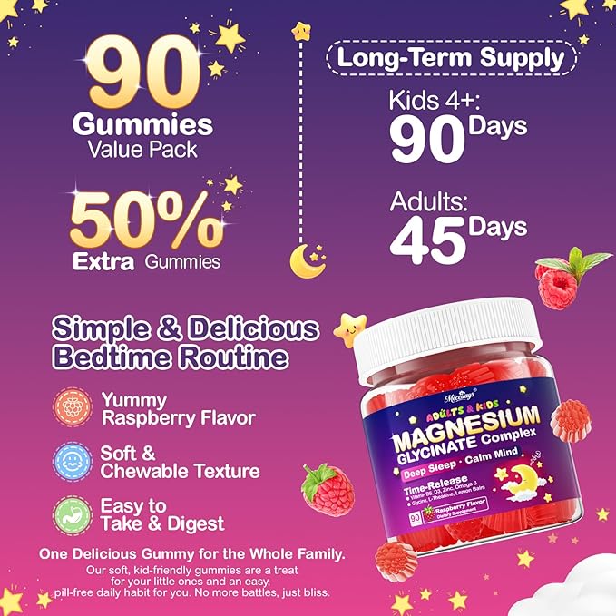 Magnesium Glycinate Gummies for Kids 4+ & Adults, 90 Counts No Melatonin Magnesium Gummies for Sleep & Calm, Sugar Free Vegan with Glycine, L-Theanine, B6, D3, Zinc & Omega 3 - Raspberry Flavor