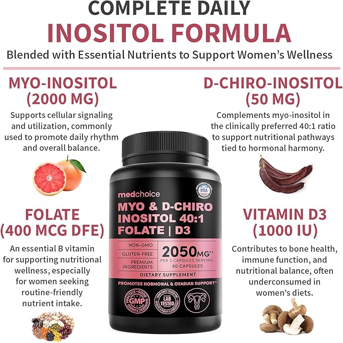 Myo-Inositol 40:1 for Women – Inositol Supplement with Myo & D-Chiro Inositol, Folate & Vitamin D3 – Vegan Capsules for Daily Routine & Hormone Support – Flo Ovarian Support Capsules – (90 Count)
