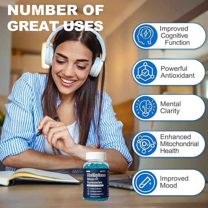 Methylene Blue Gummies Pharmaceutical Grade (12 MG), Support Mental Clarity, Memory, Focus, Cognition & Natural Energy, Made in USA, Formaldehyde Free, 60 Gummies
