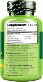 NATURELO Vitamin D - 2500 IU - Plant Based from Lichen - Natural D3 Supplement for Immune System, Bone Support, Joint Health - Vegan - Non-GMO - Gluten Free - 180 Capsules (Pack of 2)