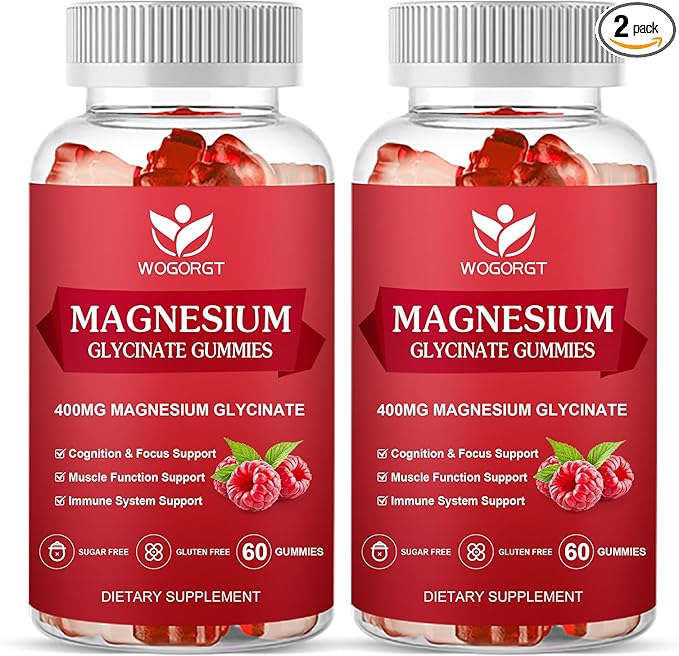 Magnesium Glycinate Gummies - 400mg Magnesium Glycinate Gummy with Vitamin D, B6, and CoQ10, Magnesium Supplement for Relaxation and Cognition, Sugar Free - 60 Raspberry Gummies (2 Pack)