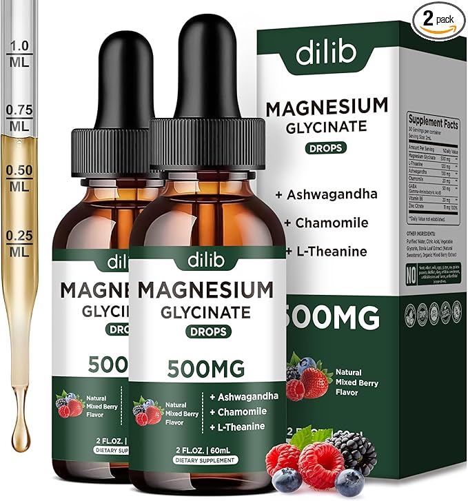Magnesium Glycinate Liquid Drops Supplement, with Magnesium Glycinate 500mg Ashwagandha, L - Theanine, Chamomile -Support Stress Relief, Bone, Muscle, Mood Mixed Berry Flavor 2Pack