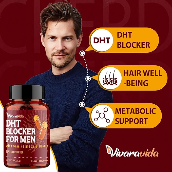 DHT Blocker for Men | Hair Growth Vitamins Supplement with Saw Palmetto & Biotin - Hair Regrowth - Natural Hair Loss Supplements Liquid-Filled - Proprietary Herbal Blends (90 Capsules)