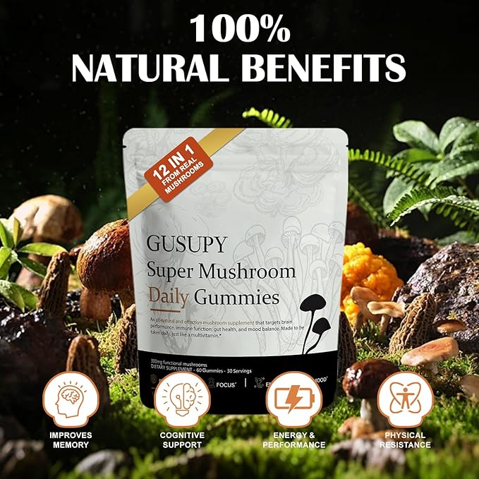 Lions Mane Mushroom Supplement Gummies: Daily Mushroom Supplements Gummy for Memory & Focus,12-Mushroom Blend with Cordyceps,Reishi,Chaga,Herbal Brain Supplement for Cognitive,60 Gummies
