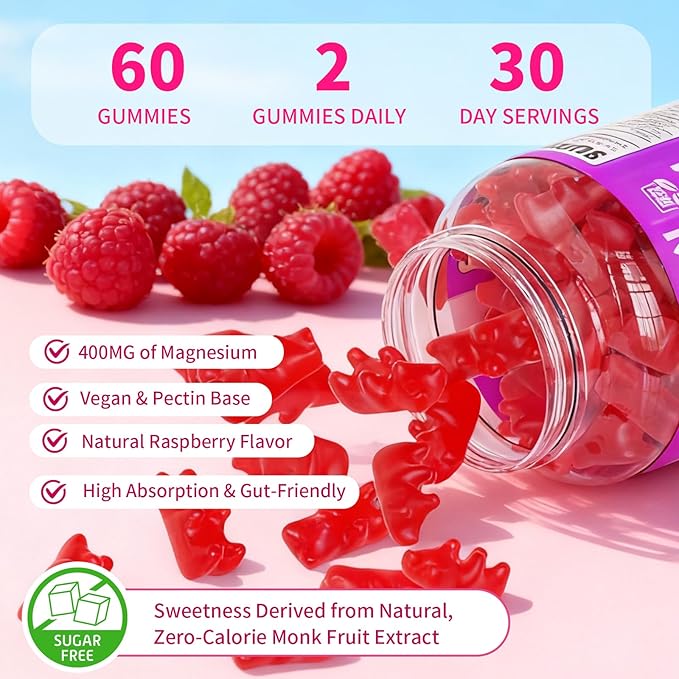 Magnesium Complex Gummies 400mg, Magnesium Glycinate, Malate, Citrate, Taurate, Oxide & More | w/Ashwagandha Extract, D3 & B12 for Calm, Zzz, Relaxation, Muscle Cramp, Raspberry Flavor, 60 Count