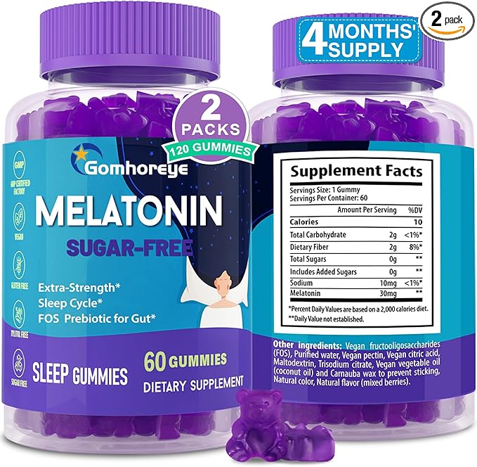 Melatonin Gummies 30mg for Adults - Maximum Strength Melatonin Gummies for Relaxation & Soothing, Exogenous Melatonin Supplement with FOS for Immune, Gut Health and pH Balance, Sugar Free -120 Counts