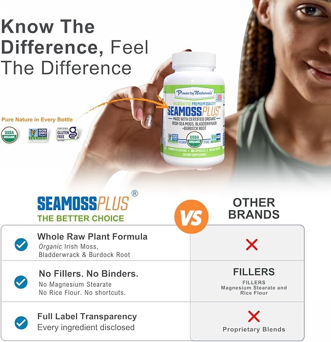 Power By Naturals Sea Moss Plus – USDA Organic Irish Sea Moss Capsules with Bladderwrack & Burdock Root – Immune Support – Vegan, Non-GMO, Gluten-Free – 120 Capsules, 2-Pack (2-Month Supply)