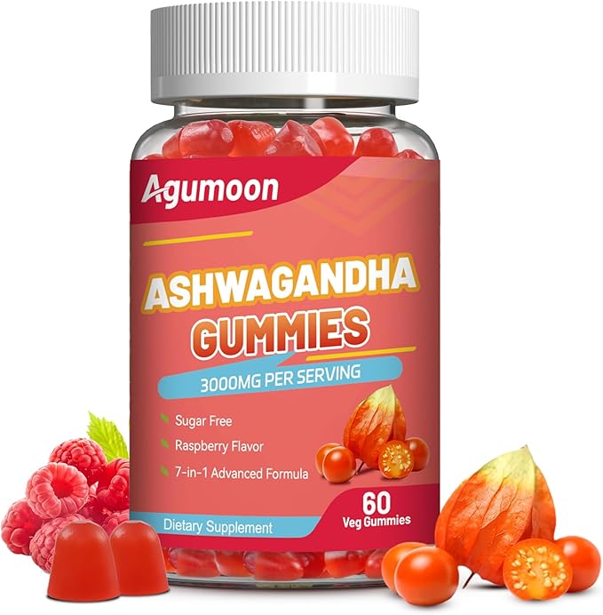 Ashwagandha Gummies 3000mg for Stress Relief, Calm & Relaxation Support with Magnesium & Vitamin D, Vegan, Gluten-Free, Natural Raspberry Flavor, 60 Count