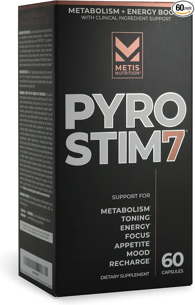METISNutrition Pyro Stim 7 Metabolism Booster Fat Loss Support Energy Boost - Once-A-Day Thermogenic with Teacrine for Focus, Appetite Control, Muscle Toning, and Mood Control (60 Capsules)