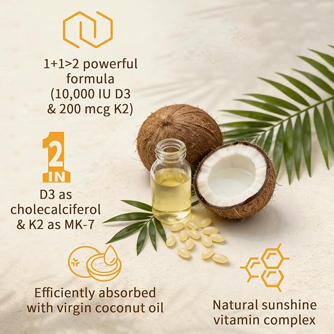 2-in-1 Vitamin D3 K2 Supplement Softgel, Vitamin D3 10000 IU and Vitamin K2 200 mcg, K2 MK7 with D3 Vitamin Supplement Support Immune, Heart, Joint, Teeth & Bone Health