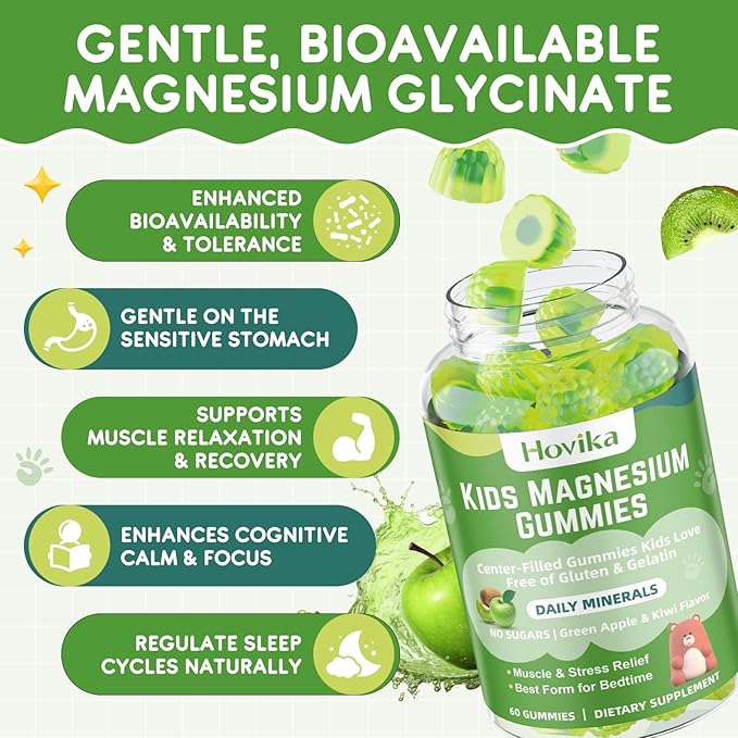 Magnesium Glycinate Gummies for Kids: Calm Magnesium Supplement for Kids & Adults with Zinc Citrate, GABA, Chamomile, Vitamin B6 & C - Sleep, Relaxation & Focus, Green Apple & Kiwi Flavor 120ct