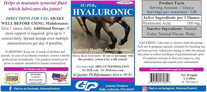 SU-PER Hyaluronic Joint Supplement for Horses - Supports Joints Health & Lubrication - Horse Hyaluronic Acid Liquid - 1 Gallon, 4 Month Supply