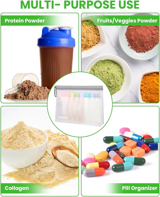 Lerine Protein Powder Travel Container Set, Reusable Protein Powder Container To Go, 21Pcs Single Dose Bags & 3Pcs Large Zip Bags, Portable Supplement Storage Containers with Funnel, Spoon