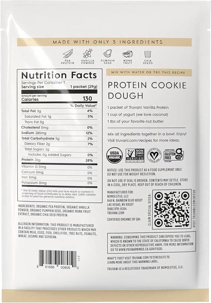 Truvani Vegan Pea Protein Powder | Vanilla | 20g Organic Plant Based Protein | 1 Serving | Keto | Gluten & Dairy Free | Low Carb | No Added Sugar