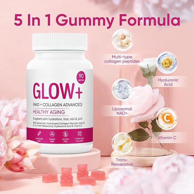 Jovi Glow+ NAD+ & Collagen Gummies, Multi-Type Hydrolyzed Collagen Peptides, Resveratrol, Hyaluronicacid, Vitaminc, Supplement for Skin, Hair, Nails, 90 Count (1, A)
