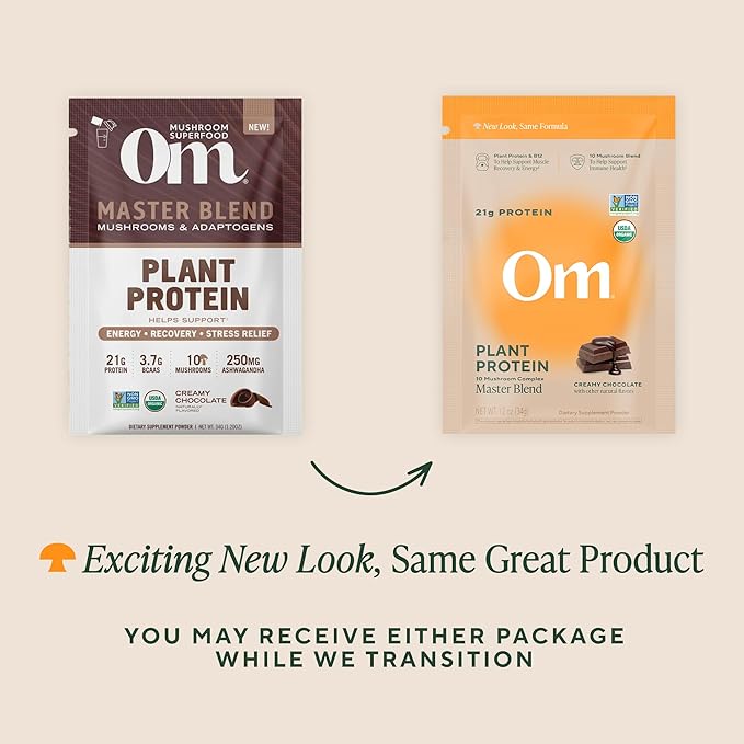 OM MUSHROOM SUPERFOOD Master Blend Vegan Protein – Organic Chocolate Plant Protein with 10 Mushrooms, Ashwagandha, BCAAs & B12 – Energy, Recovery & Immune Support – 10 Single Serves