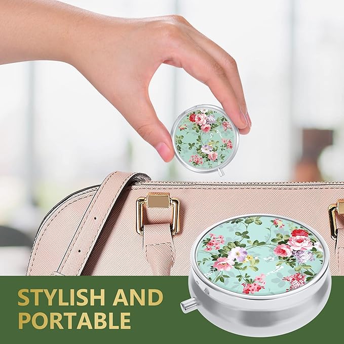 Nipichsha Pill Box, Small Pill Case for Purse & Pocket, Cute Travel Medicine Organizer, Portable Medicine Container Holder to Hold Vitamins, Medication, Fish Oil & Supplement, Graceful Peony