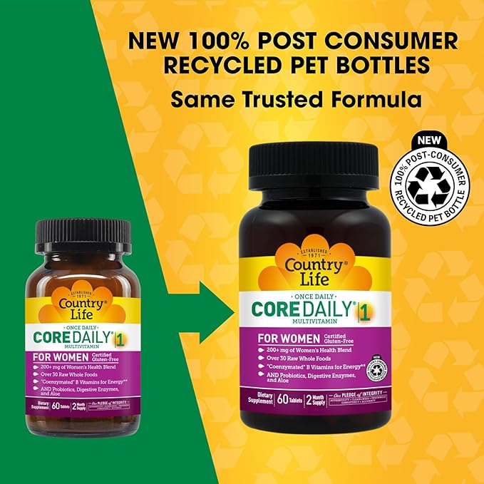 Country Life Women’s Core 1 Daily Multivitamin with Iron, Cranberry, Probiotics, and Digestive Enzymes-Certified Gluten-Free Formula for Energy, Immune Support and Complete Digestive Health,60 Tablets