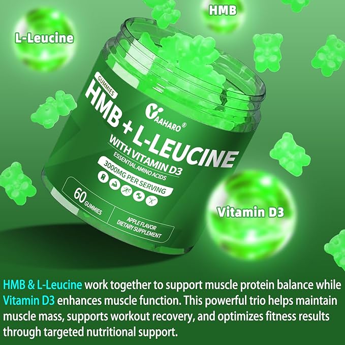 2 Pack HMB and L-Leucine Gummies - 3000mg HMB and Leucine Amino Acid with Vitamin D3 for Muscle and Energy Support, HMB Supplements for Men and Women, Sugar-Free, Vegan, Apple Flavor, 120 Gummies