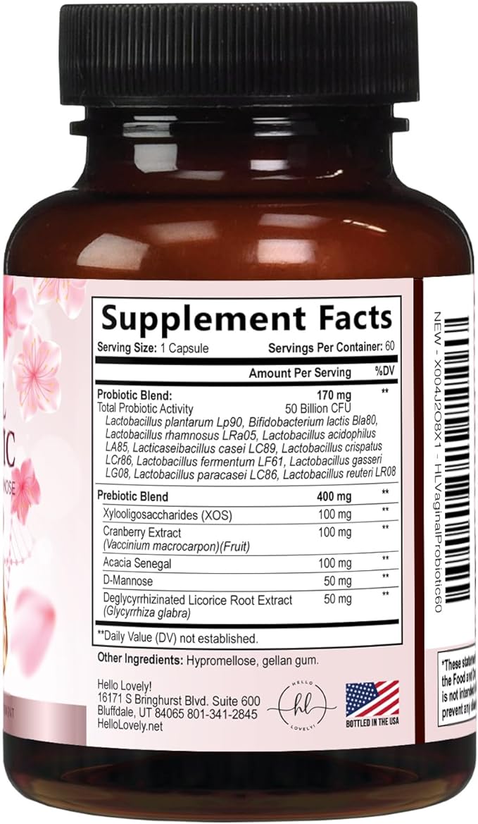 Vaginal Probiotics for Women - Gently Support Feminine Health, pH Balance, Healthy Odor & Vaginal Flora - 50 Billion CFU - Improved Formula with Lactobacillus, Prebiotics & Cranberry - 60 Capsules