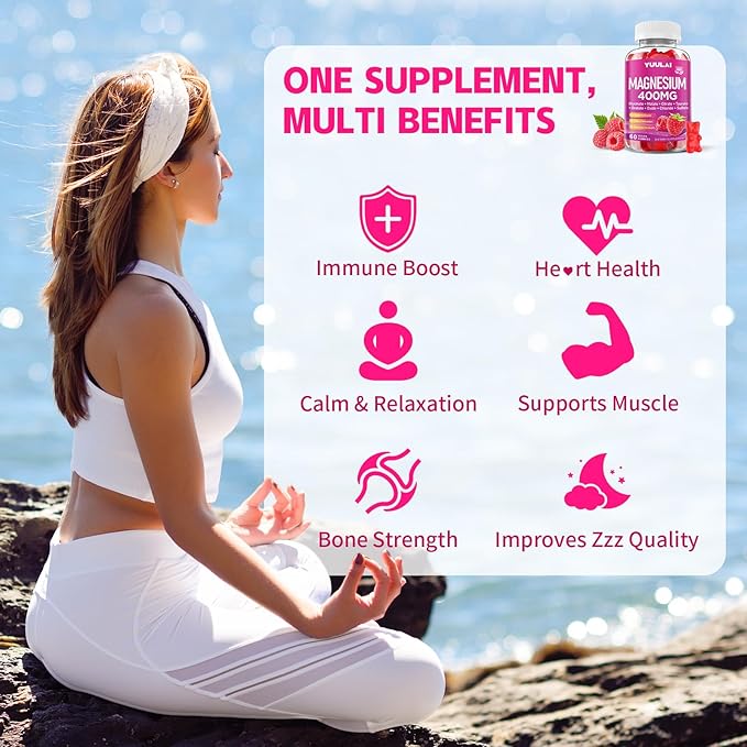 Magnesium Complex Gummies 400mg, Magnesium Glycinate, Malate, Citrate, Taurate, Oxide & More | w/Ashwagandha Extract, D3 & B12 for Calm, Zzz, Relaxation, Muscle Cramp, Raspberry Flavor, 60 Count