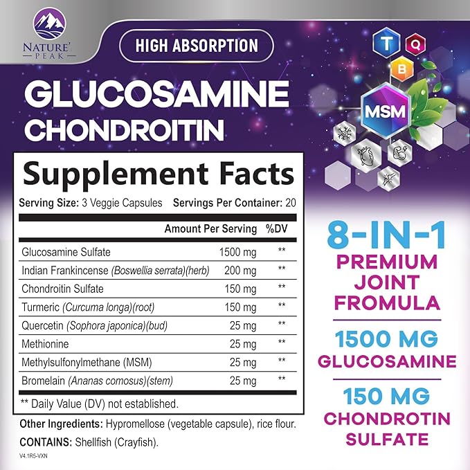 Glucosamine Chondroitin & MSM - 3x Strength Joint Support Supplement for Mobility & Comfort - Glucosamine Complex with Turmeric, Boswellia, Bromelain & Quercetin - Bottled in USA - 60 Capsules