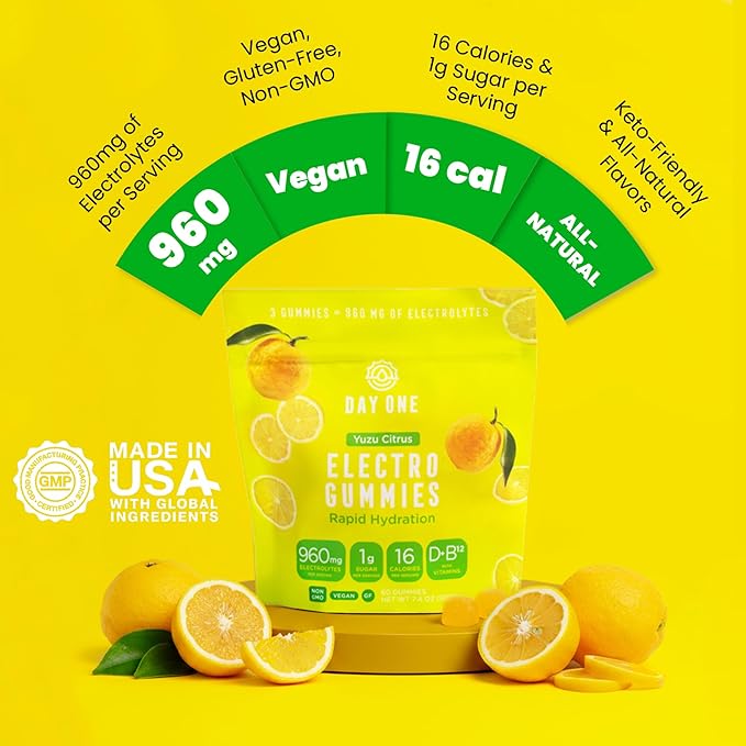 Day One Electrogummies - 60pcs. of Yuzu Citrus Flavored Electrolyte Gummies for Hydration and Recovery - Packed with Essential Electrolytes Ideal for Workouts, Running, Hiking and More