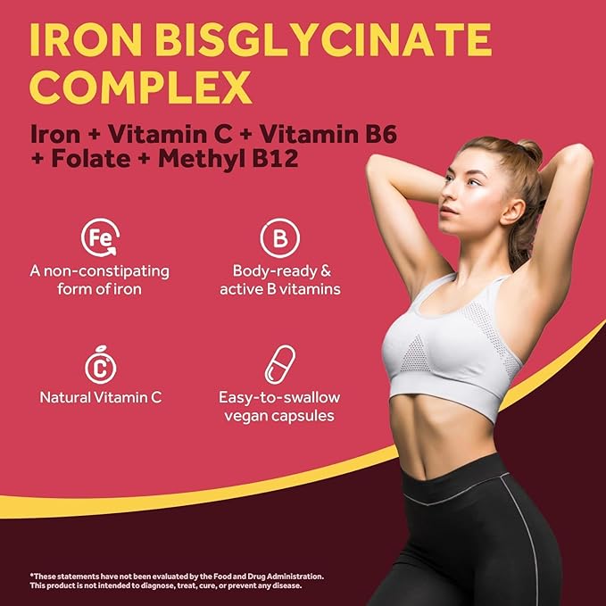 Doctor's Recipes Iron Supplement for Women Men - Gentle Iron Bisglycinate with Vitamin C, B6, Folate & B12, Stomach Friendly Iron Pills, 60 Vegan Caps