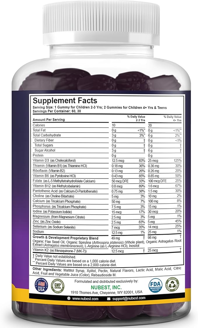NuBest Tall Gummies for Kids Age 2+ & Teens | Bone Strength, Immunity, Digestive Health with Calcium, Vitamin D3, K2, B Complex, Magnesium, Zinc | 20+ Vitamins Berries Gummies, No Added Sugar