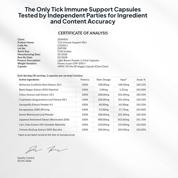 Zenmen Tick Immune Support Supplement - Improved Formula - Japanese Knotweed, Cat's Claw, Chinese Skullcap, Cryptolepis Sanguinolenta, Sweet Wormwood - 90 Vegan Capsules, Made in The USA
