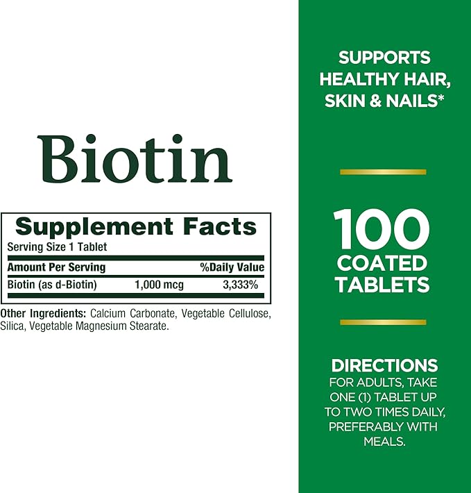 Nature's Bounty Biotin, Supports Metabolism for Energy and Healthy Hair, Skin, and Nails, 1000 mcg, 100 Tablets (Pack of 2)
