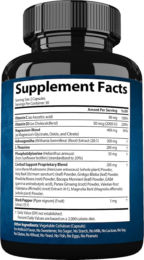 Cortisol Supplements for Women and Men with Magnesium, Ashwagandha & L-Theanine. High Cortisol Reducer, Manager, Detox, Lower and Control. Sleep Support & Stress Relief, USA
