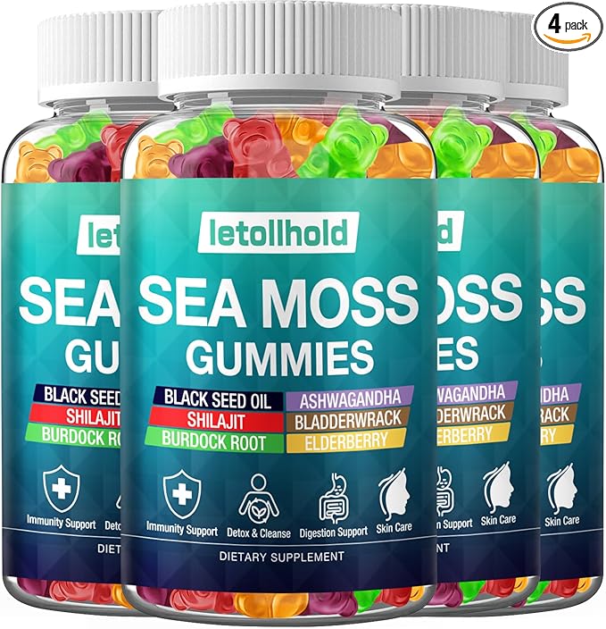 Sea Moss Gummies - Irish Sea Moss Gummies Advanced for Adults with Ashwagandha Bladderwrack & Burdock Root for Supports Immune，Energy - 60 Vegan Gummy,4PCS