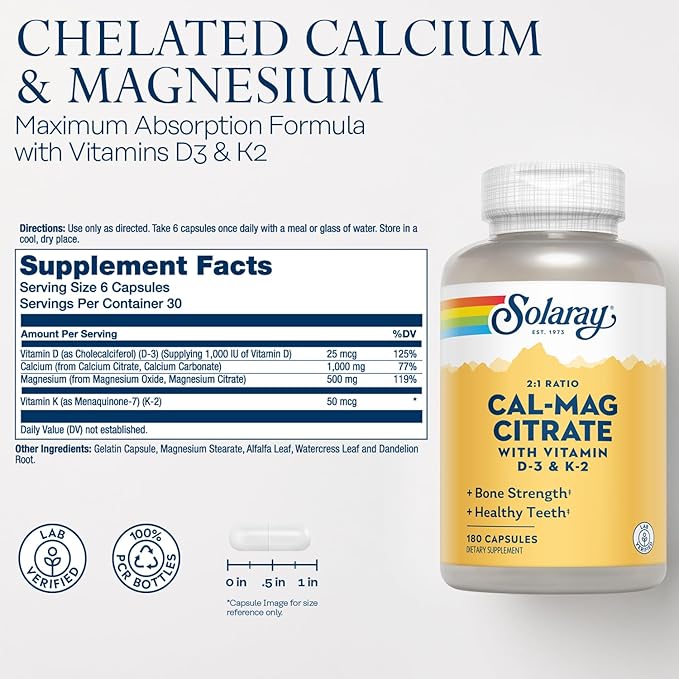 SOLARAY Calcium Magnesium Citrate w/Vitamin D3 K2 - Calcium Supplements for Women and Men - Bone and Heart Health Support - Cal Mag 2:1 Ratio, Plus Vitamin D 3 and K2, 60-Day Guarantee, 30 Servings