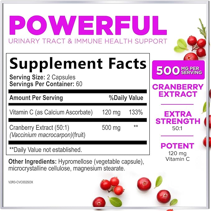 Cranberry Extract 500mg Per Serving Supplement Pills - 3X Strength Concentrated Whole Fruit Cranberry with Vitamin C, Triple Strength for Cleanse & Urinary Tract Health Support - 120 Capsules