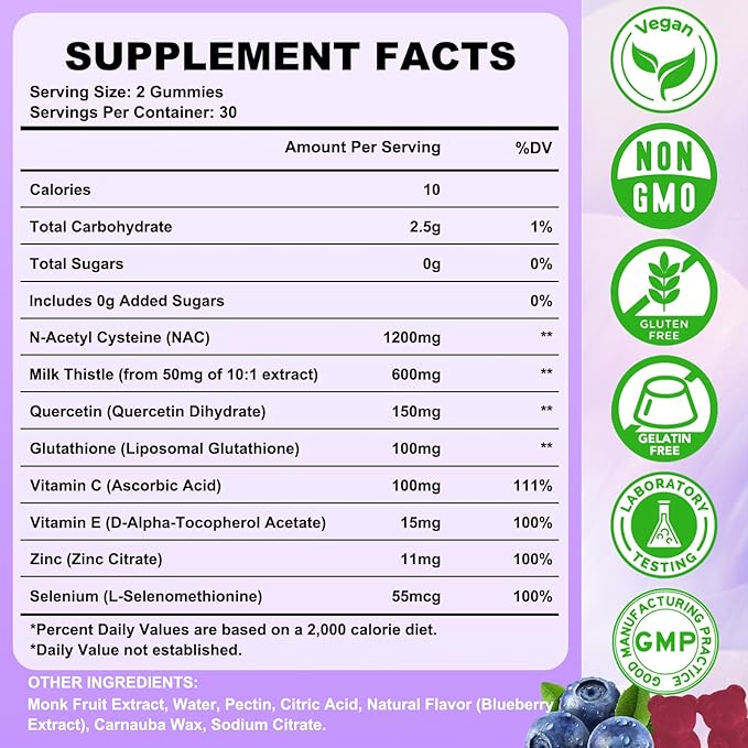 2 Pack NAC Gummies, N Acetyl Cysteine Supplement for Adults and Kids, NAC Chewable Support Liver Health, Antioxidants & Immune System, Sugar-Free, Blueberry Flavor, 120 Count