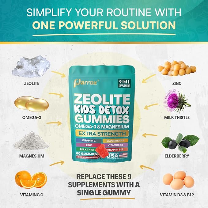 Zeolite Kids Detox Gummies, 9-in-1 Extra Strength with Zeolite, Omega-3, Magnesium, Elderberry, Vitamin C, Milk Thistle, Vitamin D3, Zinc, B12 – Sugar-Free (Mixed Berry Flavor - 2 Pack)