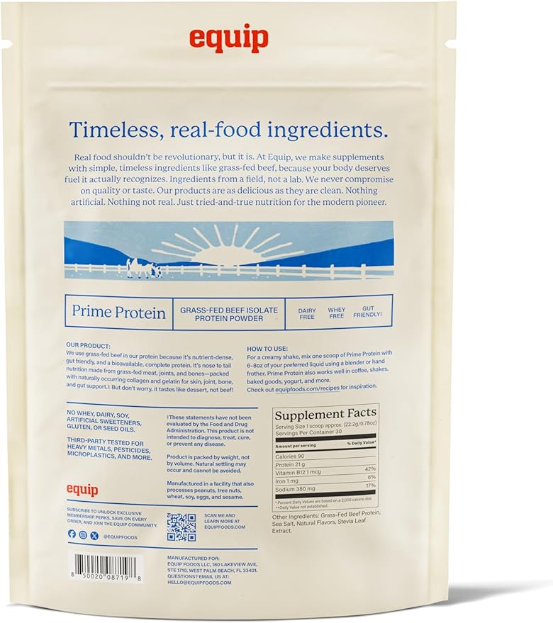 Equip Foods Prime Protein Powder | Clean, Grass Fed Beef Protein Powder, Carnivore Protein Isolate | Paleo, Keto Friendly, Gluten & Dairy Free, Helps Build & Repair Tissue| 30 Servings, Salted Caramel