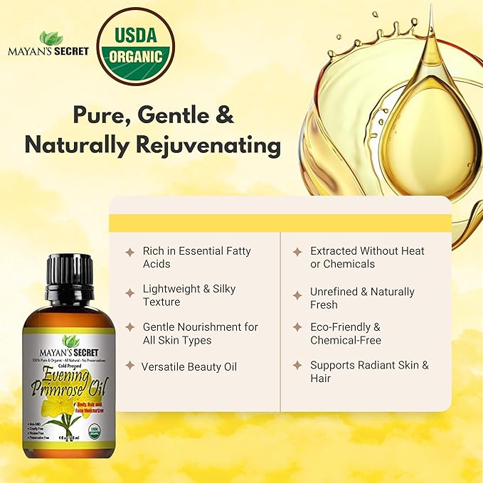 Evening Primrose Oil USDA Certified Organic/Natural/Undiluted/Unrefined/Cold Pressed Carrier Oil. Rejuvenate and moisturize The Skin and Hair
