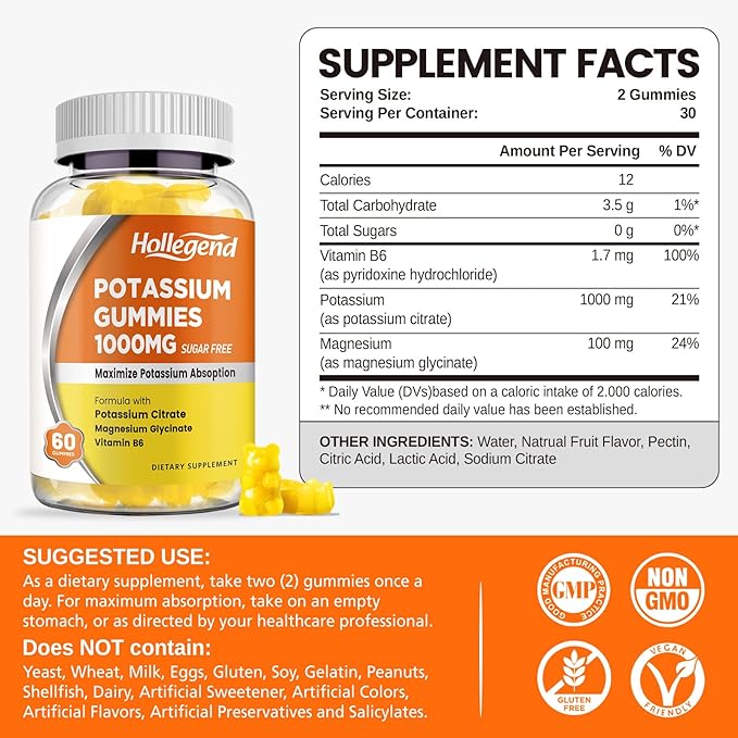 Potassium Gummies 1000mg, Maximize Absoption Blend with Vitamin B6 Magnesium, Potassium Citrate Supplement for Adults, Sugar Free, 60 Count