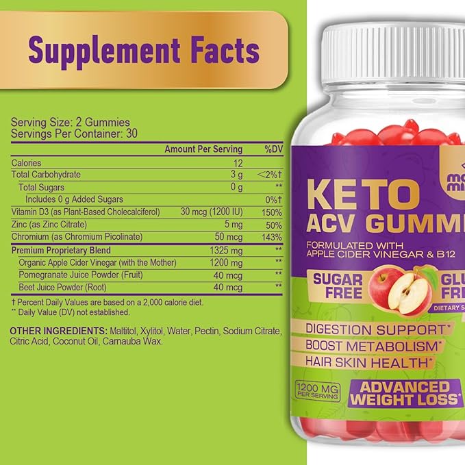 Keto ACV Gummies for Advanced Weight Loss - Gluten & Sugar-Free Apple Cider Vinegar Rapid Fat Burner Diet Supplement for Women Men - 60 Gummies (1000MG)
