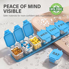 Extra Large Weekly Pill Organizer - Waterproof 7-Day Pill Box, Portable Vitamin & Supplement Case, Easy to Open Design, Ideal for Travel a nd Daily Medication Management (Blue)