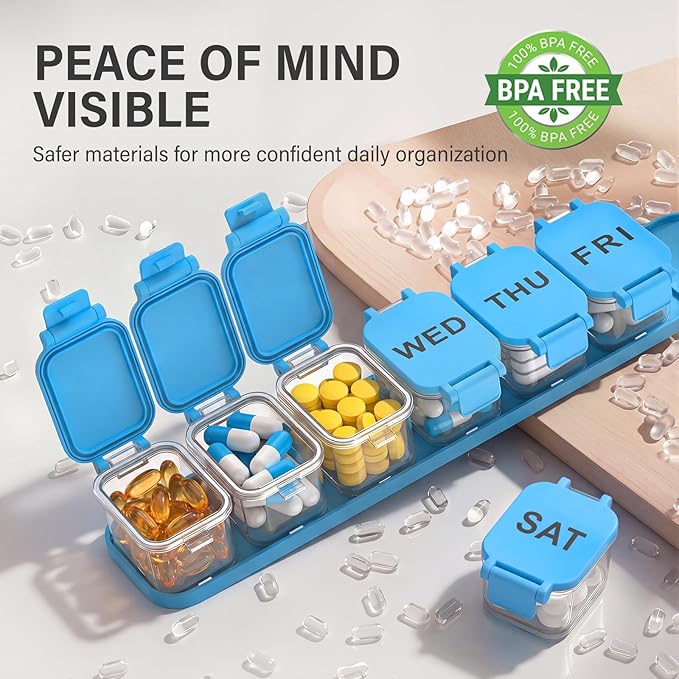 Extra Large Weekly Pill Organizer - Waterproof 7-Day Pill Box, Portable Vitamin & Supplement Case, Easy to Open Design, Ideal for Travel a nd Daily Medication Management (Blue)