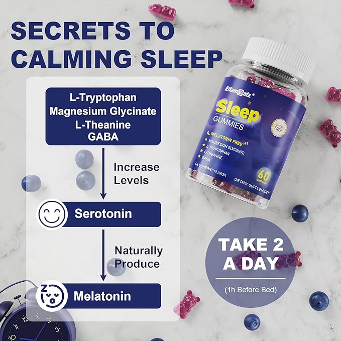 Sleep Gummies Melatonin Free with Magnesium Glycinate, L-Tryptophan, GABA, L-Theanine, Ashwagandha, Natural Sleep Aid Calm Relax Gummy No Melatonin for Adults Extra Strength without Melatonin, 60Cts