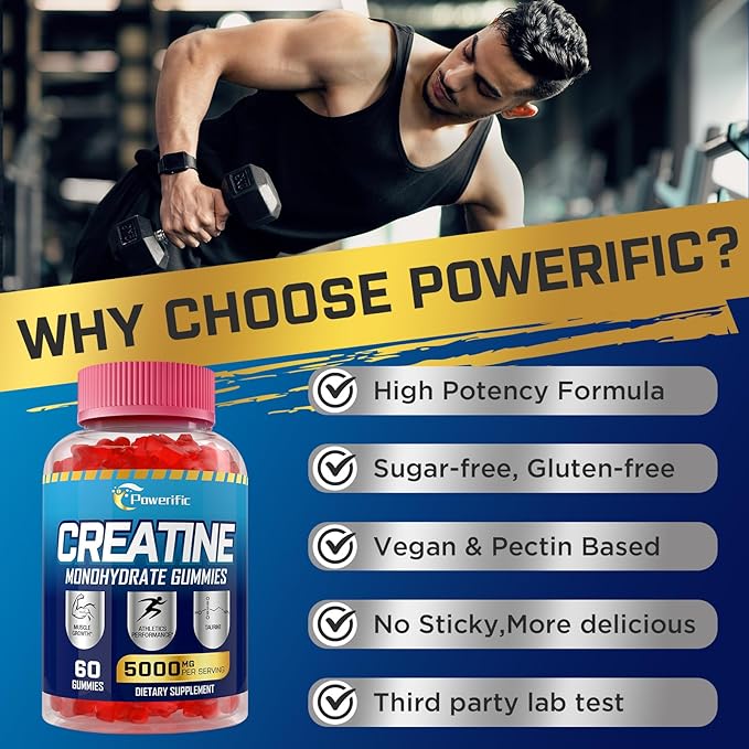 Creatine Monohydrate Gummies, Creatine for Women & Men, Pre Workout Creatine Monohydrate Gummies with Taurine, Vitamin B6 & B12 for Muscle, Strength, Energy, Endurance, Vegan, Organic, 60 Count