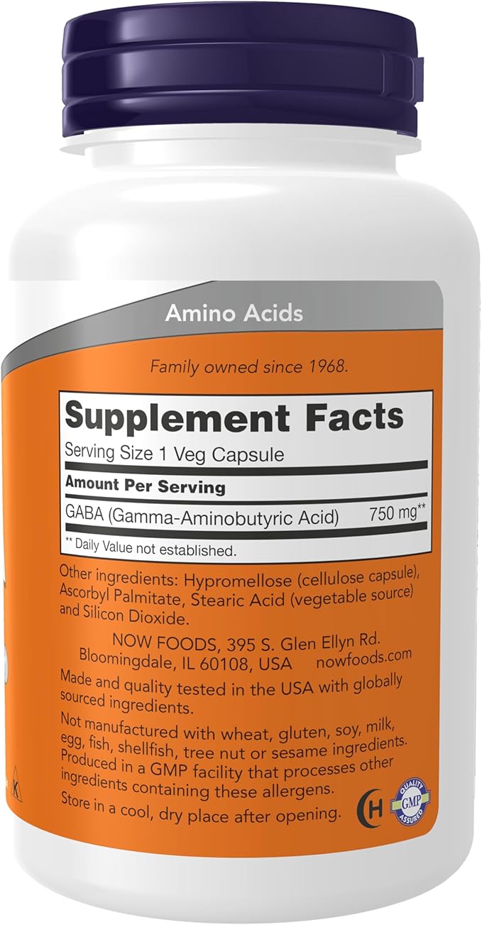 NOW Foods Supplements,GABA (Gamma-Aminobutyric Acid) 750mg,Neurotransmitter Support*,100 Veg Capsules,(Pack of 2)
