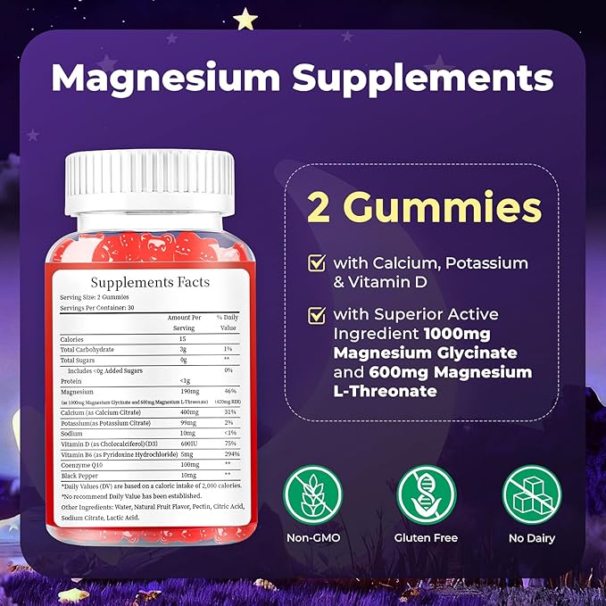 Liposomal Magnesium Complex 190mg for Kids Per Serving, Magnesium Glycinate with L-Threonate, Vitamin D3, CoQ10, L-Threonate Gummies for Rest Support, Sugar/Gluten Free, 120 Count