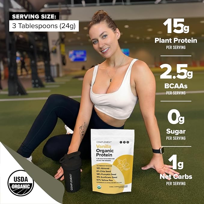 Complement Vegan Vanilla Protein Powder - Organic Protein Low Carb, Low Calorie, Sugar Free, Soy Free, Non-GMO, Gluten Free, Non Dairy - 15g Yellow Pea, Pumpkin Seed Protein Powder (30 Serving)