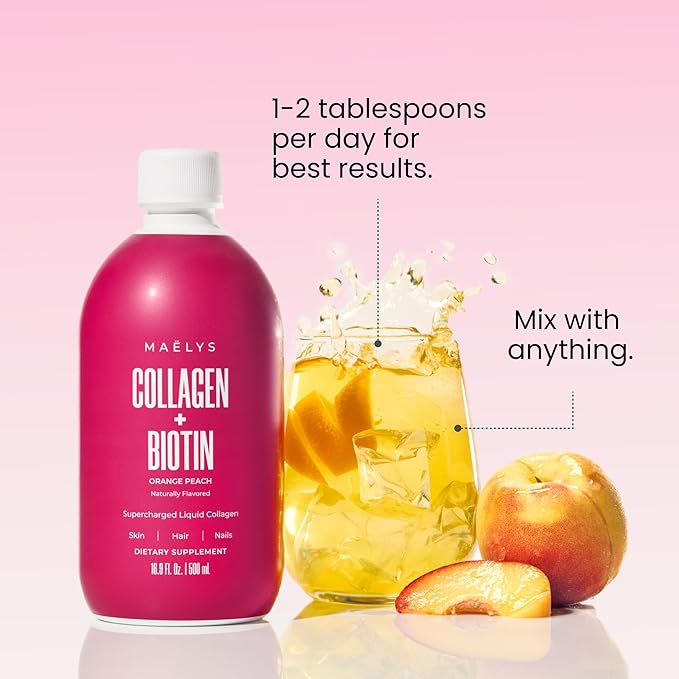 MAËLYS Super Charged Liquid Collagen for Women - Collagen Peptides Supplement with Biotin for Hair, Skin and Nails - Orange Peach (Pack of 2)
